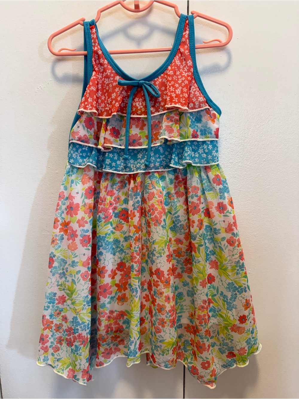 Jona Michelle Coral & Teal Floral Ruffle Sundress